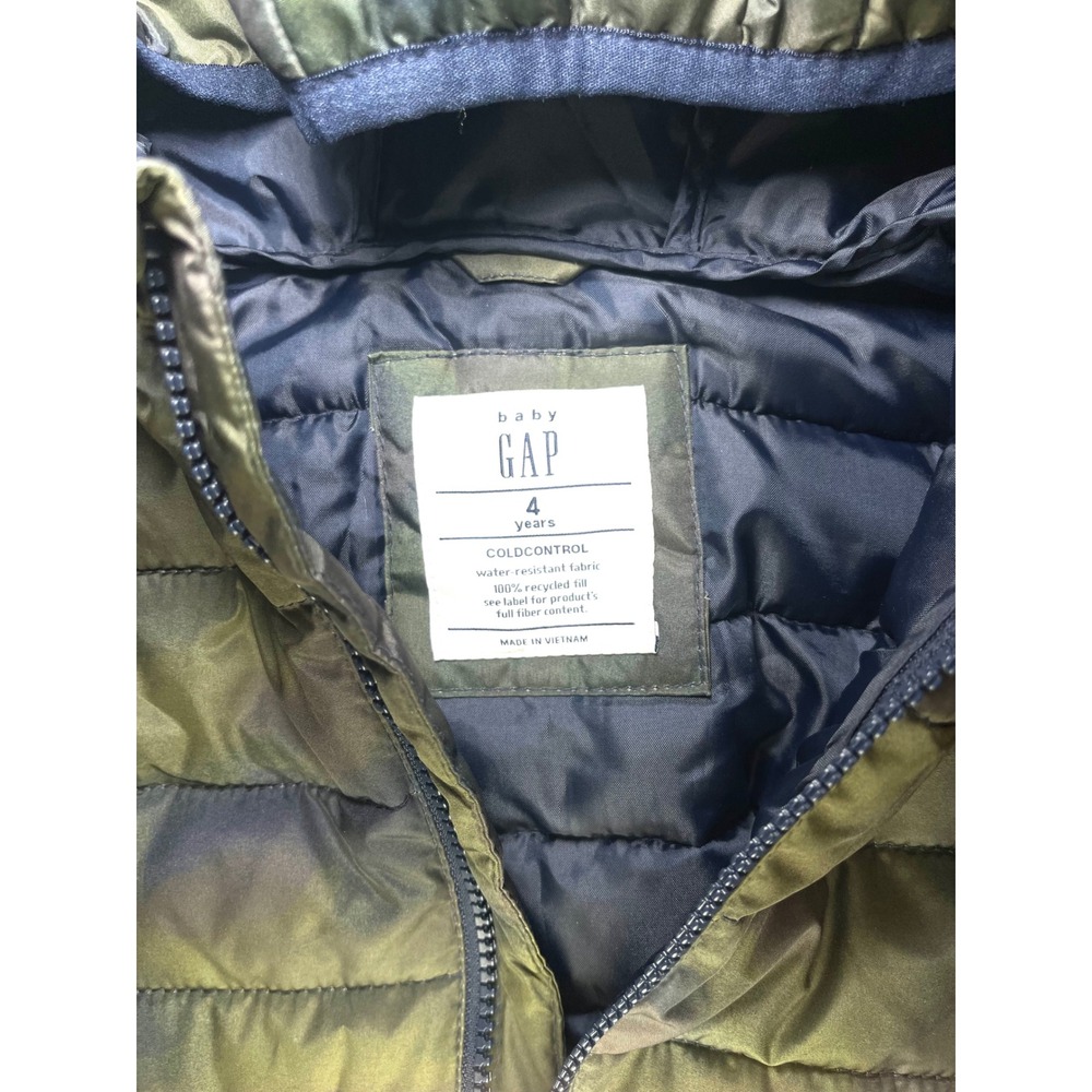 Baby GAP ColdControl Camo Puffer Jacket Kids 4 Years Green Blue Hooded Coat 0213 - Picture 2 of 9